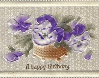 Purple Pansies in Gold Basket - Unused Antique Birthday Postcard 1910s Bas Relief Postcard