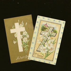 Paire de cartes postales de Pâques anciennes Croix avec fleurs de Pâques blanches Lys de Pâques 1913 et Narcisse blanc