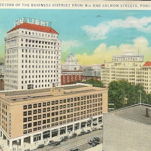 Portland, Oregon, section du quartier des affaires à partir des rues 4th et Salmon - Carte postale vintage Birds Eye View des années 1930