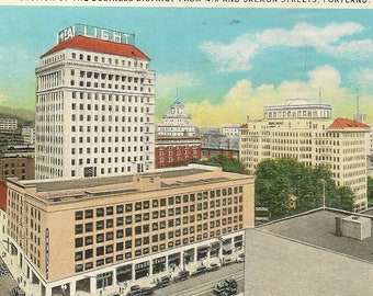 Portland Oregon Section of the Business District From 4th and Salmon Streets – Vintage Postcard Birds Eye View 1930s