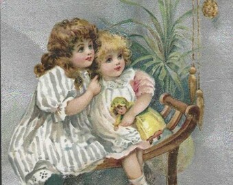 Girls Watch Cuckoo Clock Antique Birthday Postcard 1917