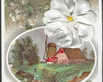 Stunning Unique Novelty Antique Birthday Postcard Attached White Satin Flower With Beading P Sander Windmill Postcard 1910s