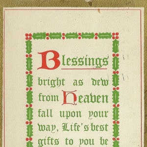 Bénédictions lumineuses comme la rosée du ciel Verset Carte postale de Noël antique 1912 Owen Publishing Festive Holly Border