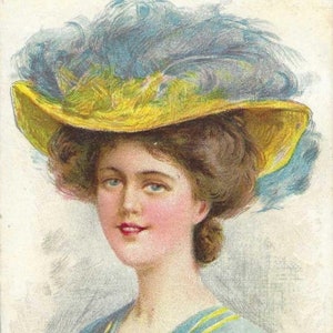 Jolie dame édouardienne au chapeau fabuleux carte postale ancienne quand vous vous sentez fatigué, pensez à moi 1909