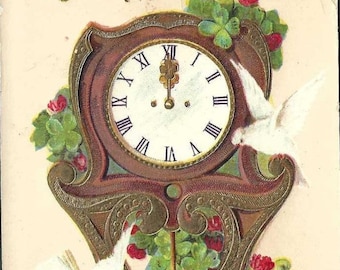 Dutch New Year's Postcard Clock and Doves With Four Leaf Clover Gelukkig Nieuw Jaar - Midnight on Clock