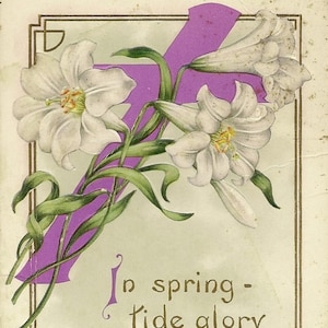 Purple Cross White Easter Lilies on Embossed Antique Easter Postcard 1913