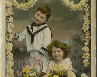 Edwardian Children with Flower Baskets Antique Birthday Postcard 1911 Gelatine Finish