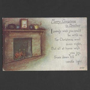 Joyeux Noël à Brother Carte postale de Noël ancienne inutilisée Un feu de cheminée dans une cheminée et un joli vers à Brother Owen Publishing