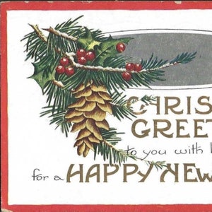 Elegant Whitney Publishing Carte postale antique de Noël et du Nouvel An 1920, pomme de pin et branche avec accent de houx