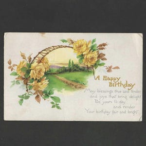 Carte postale d'anniversaire ancienne 1916 roses jaunes de Gibson Art Co - un couplet de joyeux anniversaire