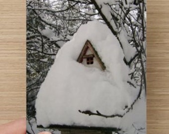 Snow Covered Bird House on Blank Photo Note Card Fresh White Snow Nature Photography - Cute New Home Card