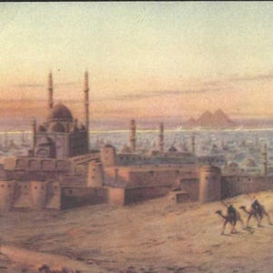 Vue générale du Caire au coucher du soleil Carte postale vintage non utilisée - Mosquée de Mohammed Ali, Nil et pyramides au loin
