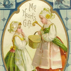 Dutch Girls My Heart's Gift Carte postale ancienne non utilisée des années 1910, partant pour un pique-nique