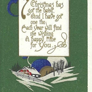 Maison de campagne couverte de neige, intéressante carte postale de Noël antique de couleur vert foncé, 1922 – Charmant vers de Noël