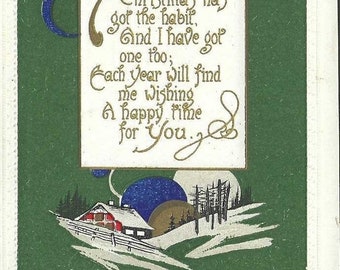 Snow Covered Country Home Interesting Dark Green Color Antique Christmas Postcard 1922 – Charming Christmas Verse