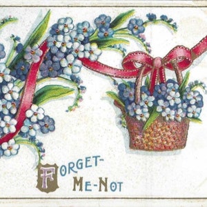 Carte postale ancienne en relief bouquet de myosotis et panier de fleurs - 1910