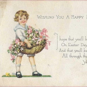 Enfant avec un panier de fleurs colorées Carte postale de Pâques antique des années 1910 vous souhaitant une joyeuse fête de Pâques en vers - Vendu EN L'ÉTAT
