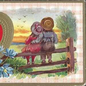 May include: A vintage illustration depicts two children sitting on a wooden fence, overlooking a sunset. The children are wearing hats and are embracing. The background features a sunset with birds flying, and a tree. The image has a soft, nostalgic feel.