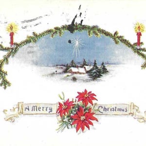 Étoile de Noël sur la neige, maisons de campagne et paysage, carte postale de Noël antique 1921