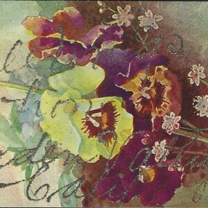 Bouquet de pensées colorées - Carte postale originale de guirlandes de fantaisie - Salutations de GARDEN VALLEY en Californie