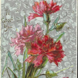 Carte postale ancienne de 1912 Oeillets rouges et roses pour vous saluer - Fleur de naissance de janvier - Anniversaire de janvier - Finition gélatine