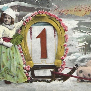 Fille avec un fer à cheval porte-bonheur et un trèfle à quatre feuilles sur un traîneau tiré par des cochons - Carte postale ancienne du Nouvel An 1909 RPPC Scène hivernale - Vendue EN L'ÉTAT