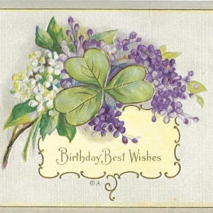 Carte postale d'anniversaire ancienne lilas et trèfle 1912 Anniversaire Meilleurs voeux