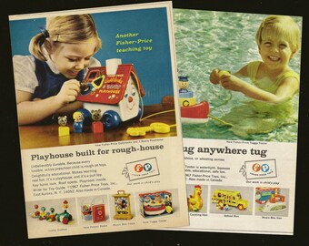 Pair of Vintage 1967 Fisher Price Advertisements - Tuggy Tooter