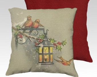 Red Birds and Candle Lantern Winter or Christmas Pillow Cover ~ Velveteen Pillow Cover 18x18 Christmas Holiday Home Décor READY TO SHIP