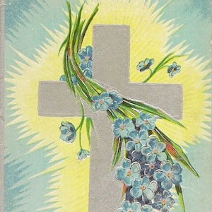 Croix en argent et myosotis bleu pâle – Carte postale de Pâques antique Julius Bien 1908