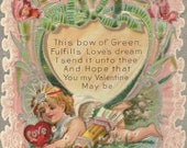 Cupid and Bow of Green Romantic Embossed Antique Valentine’s Day Postcard Red Carnations and Romance 1909