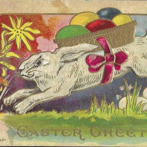 Running Bunny Rabbit With Basket of Colored Eggs Antique Easter Postcard 1910s