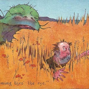 Carte postale ancienne inutilisée Coming Thro 'The Rye, artiste Lawson Wood, série homme des cavernes et dinosaure - humour visuel - The Chase is On