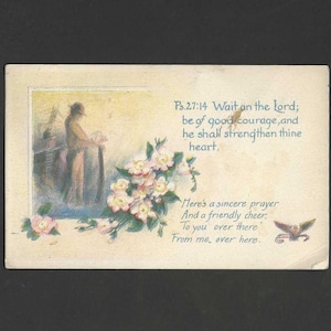 L'attente du Seigneur Carte postale ancienne Psaume 27 Verset 14 - Soldat de la Première Guerre mondiale sur une carte postale patriotique - Prière sincère 1920