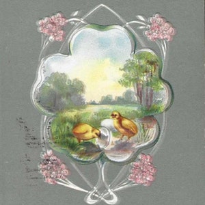 Poussins dans la prairie de printemps Ancienne carte postale de Pâques Acclamation de Pâques 1912 - Carte postale publicitaire de Dahl Millikan