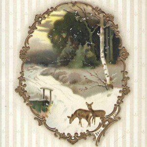 Pair of Deer Approach Small Bridge Antique Christmas Postcard 1910s Snow Covered Woods and Landscape Dark Winter Sky