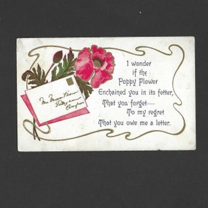 Coquelicot et lettre Carte postale ancienne - 1909 Éditions F A Owen - Salutation amicale à la recherche d'une lettre