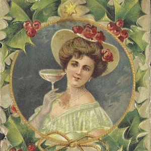 Une dame élégante lève son verre pour fêter le Nouvel An Carte postale allemande ancienne du Nouvel An inutilisée - Fröhliches Neujahr