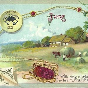 Carte postale ancienne en relief d'anniversaire JUIN - Série Sentiments du mois Tuck - Agate chèvrefeuille, Cancer - Scène de ferme