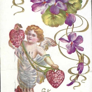 Cupidon avec coeur rose en relief antique carte postale de la Saint-Valentin 1910 Accent violet Saint-Valentin