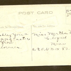 May include: Vintage postcard with handwritten Easter greetings. The message reads "Wishing you a happy Easter from Florence." The postcard is addressed to Miss Martha Lahti in Cloquet, Minn. A space is marked for a stamp.