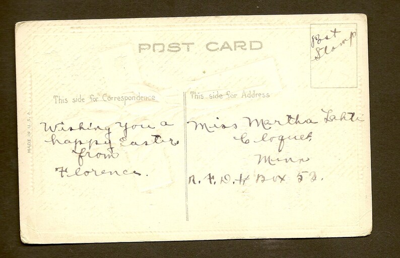 May include: Vintage postcard with handwritten Easter greetings. The message reads "Wishing you a happy Easter from Florence." The postcard is addressed to Miss Martha Lahti in Cloquet, Minn. A space is marked for a stamp.