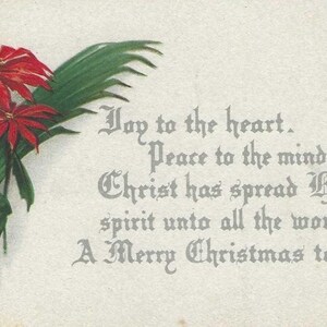 Carte postale de Noël ancienne avec poinsettias et vers chrétiens - 1917 - La joie du coeur et la paix de l'esprit