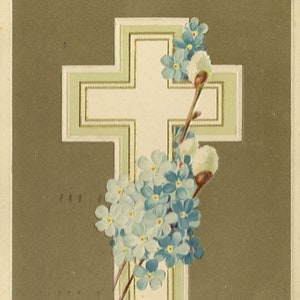 Carte postale de Pâques antique avec myosotis en croix blanche, accent de saule chatte, 1912