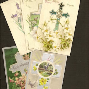 Croix florale authentiques anciennes cartes postales de Pâques - Collection - Lot de 5 cartes postales toutes avec des fleurs de printemps des années 1910