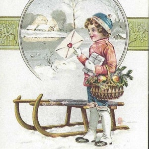 Carte postale hollandaise antique de Noël / Nouvel an - Garçon avec panier de cadeaux Lettre avec son traîneau Gelukkig Nieuwjaar Die Besten Weihnachtsgrusse