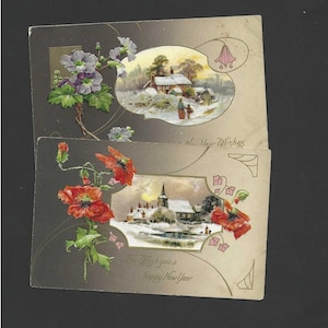 Paire de cartes postales anciennes du Nouvel An sur fond sombre avec de jolis accents floraux et images hivernales 1909