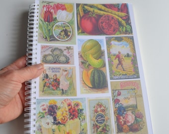 Spiral Bound Gardener’s Notebook / Journal Blank Pages with Perforations Antique Burpee's Seed Package Illustrations Front / Back Neat Gift