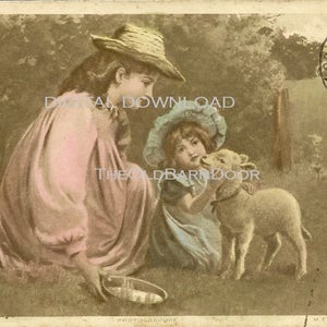May include: A vintage postcard featuring two girls, one wearing a straw hat and a pink dress, the other wearing a blue dress and a white bonnet, with a white lamb in the foreground. The postcard has a stamp in the upper right corner.