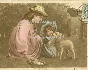 Carte postale de Pâques française antique P Tarrant PINX Depose en téléchargement numérique, jeunes enfants avec agneau de printemps 1905 - Image tendre